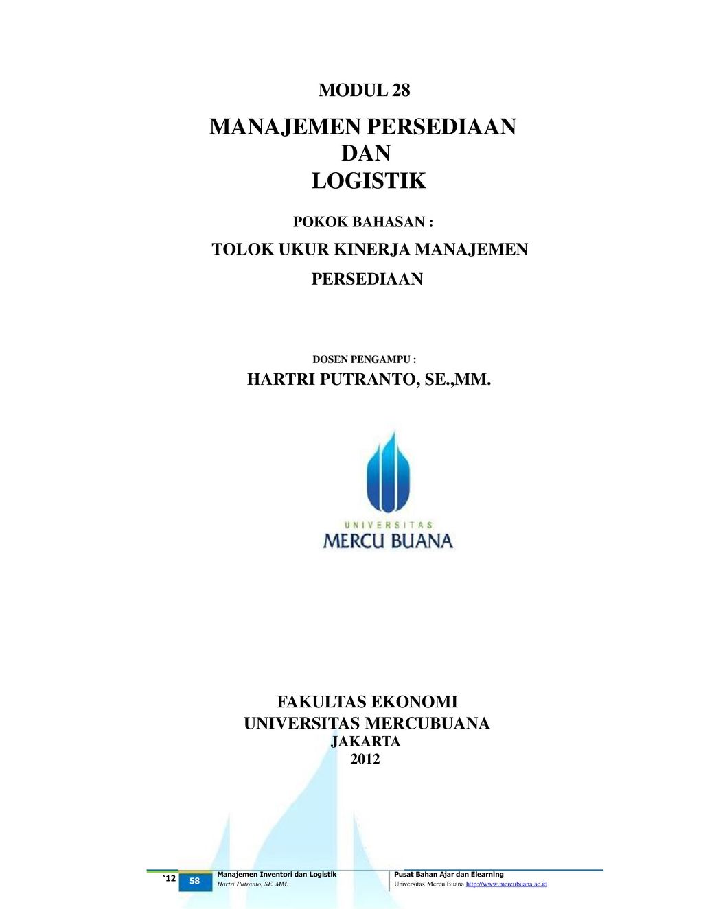 MANAJEMEN PERSEDIAAN DAN LOGISTIK POKOK BAHASAN MODUL 28 PERSEDIAAN